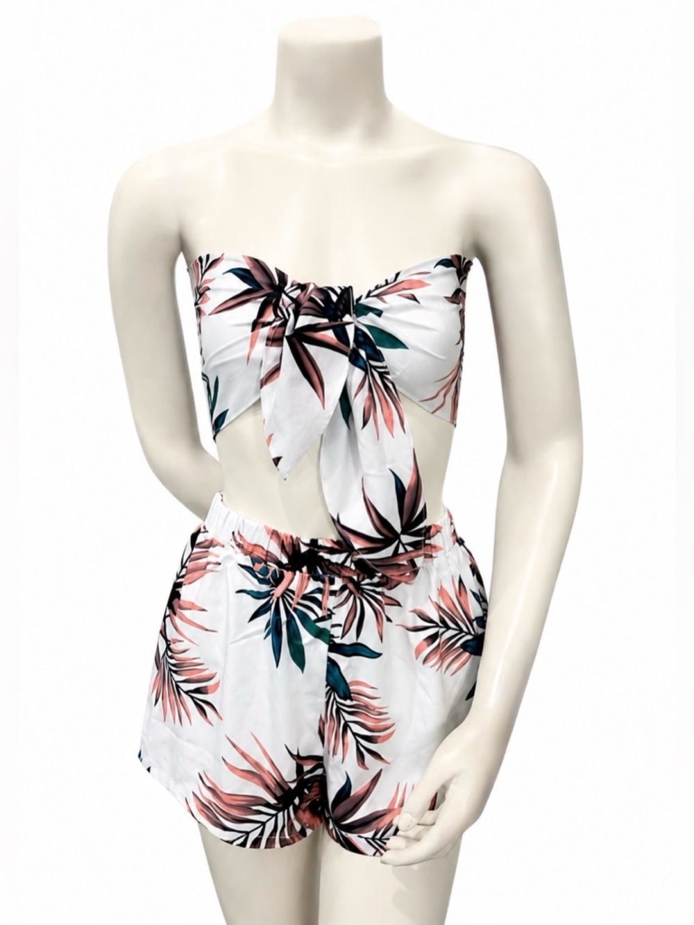 SHEIN Tropical Leaf Print Strapless Tie Front 2-Piece Shorts Set Size S - Picture 2 of 8